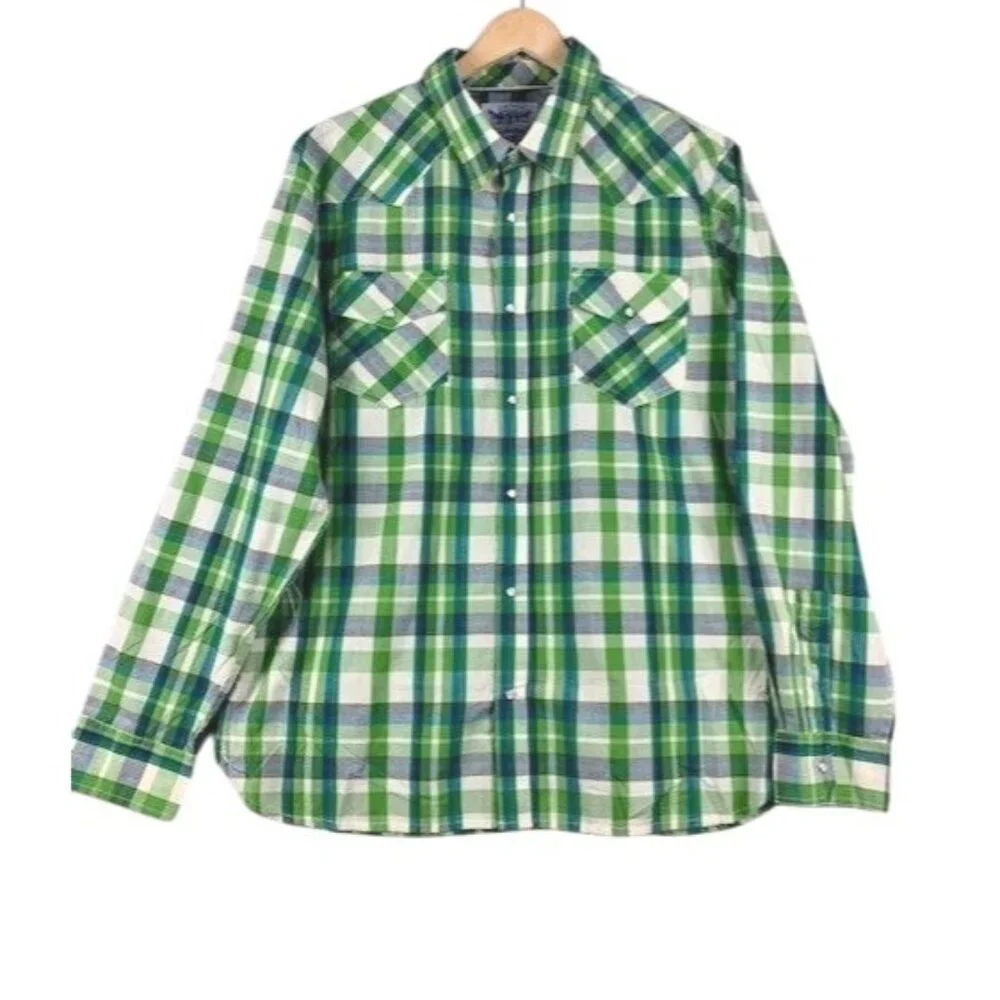 Levis Men's X-Large Plaid Button-Up Western Shirt Green‎ & Blue with Pearl Snaps